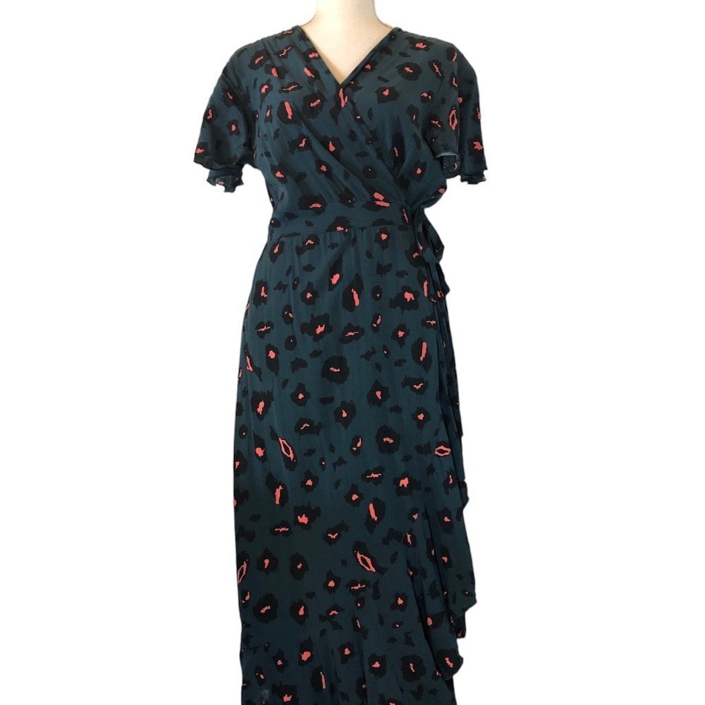 SHEIN Maxi Wrap Dress Women's Size XL Green Orange Neon Leopard Print